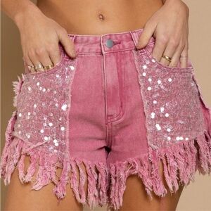 POL Boutique Pink Sequin Denim Fringe Shorts